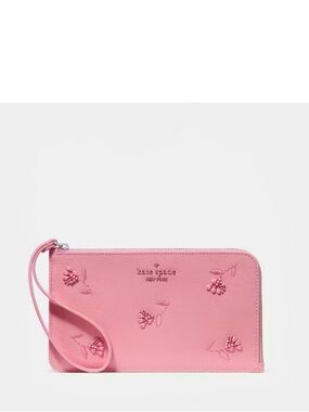 Kate Spade Lucy Floral Applique Medium L-Zip Wristlet, Grapefruit Soda Pink NWT